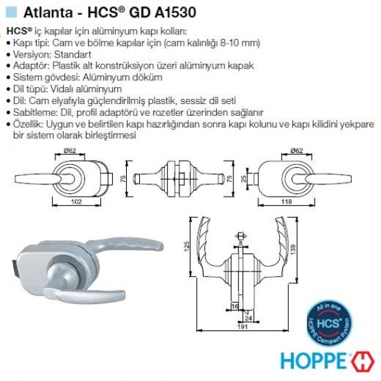 Hoppe Atlanta HCS GD A1530 Cam Kapı Kolu ( Çerçevesiz Cam Kapılar İçin ) F1-2 Gümüş Kumlu Eloksal