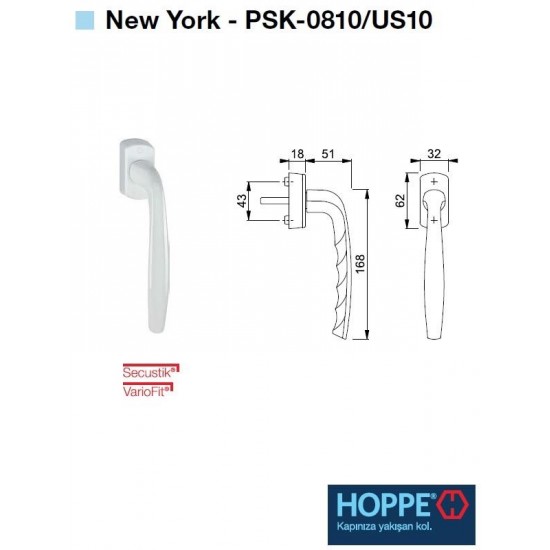 Hoppe New York Secustik PSK Sürme Kolu VarioFit® - pim ayarlı - F4 Bronz